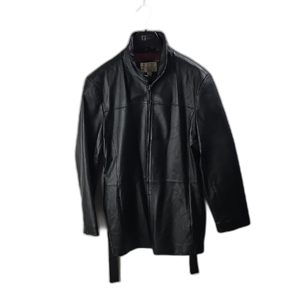 Worthington Mens Vintage Black Leather Full Zip Belted Collared Jacket Sz XL